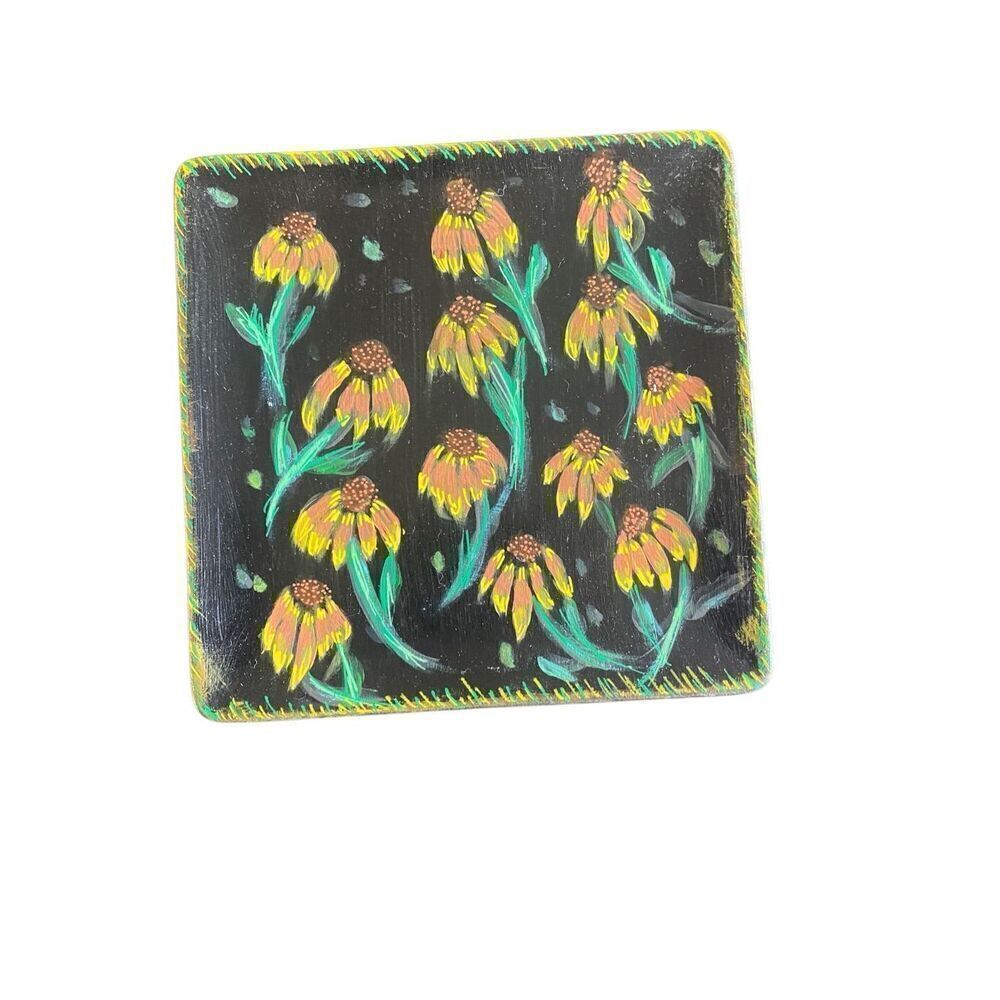 Hand painted Trinket vanity  tray sunflowers yellow black floral one of a kind